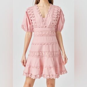 Endless Rose Pink Plunging Lace Dress Size L Large Puff Sleeves NWT
